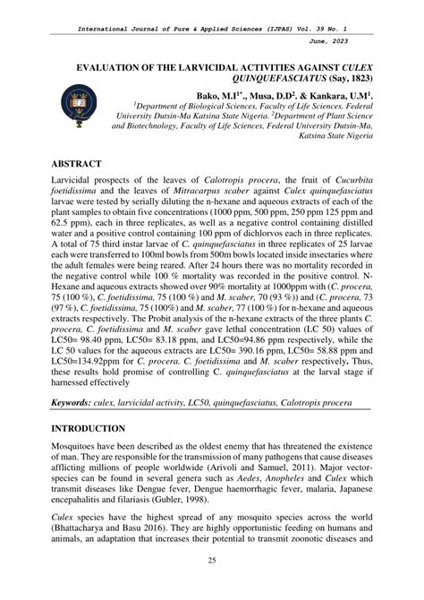 Pdf Evaluation Of The Larvicidal Activities Against Culex