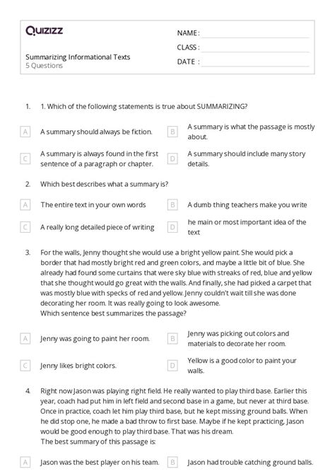 Summarizing Worksheets For Th Grade On Quizizz Free Printable