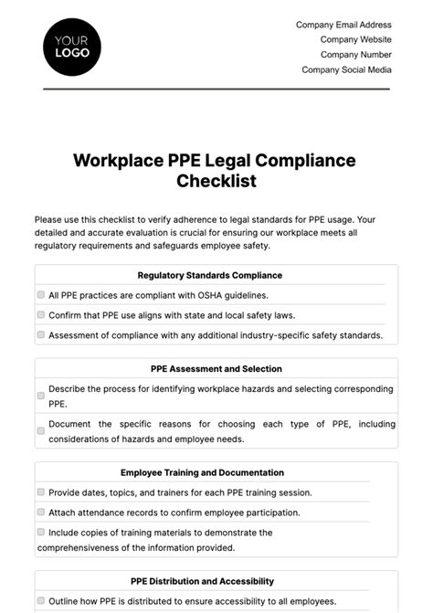 Free Workplace Ppe Legal Compliance Checklist Template Edit Online