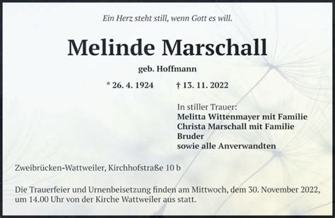 Traueranzeigen Von Melinde Marschall Saarbruecker Zeitung Trauer De