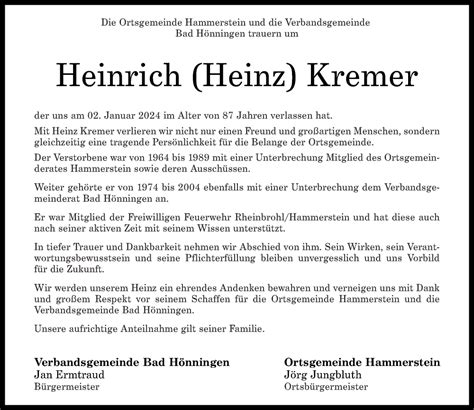 Traueranzeigen Von Heinrich Kremer Rz Trauer De