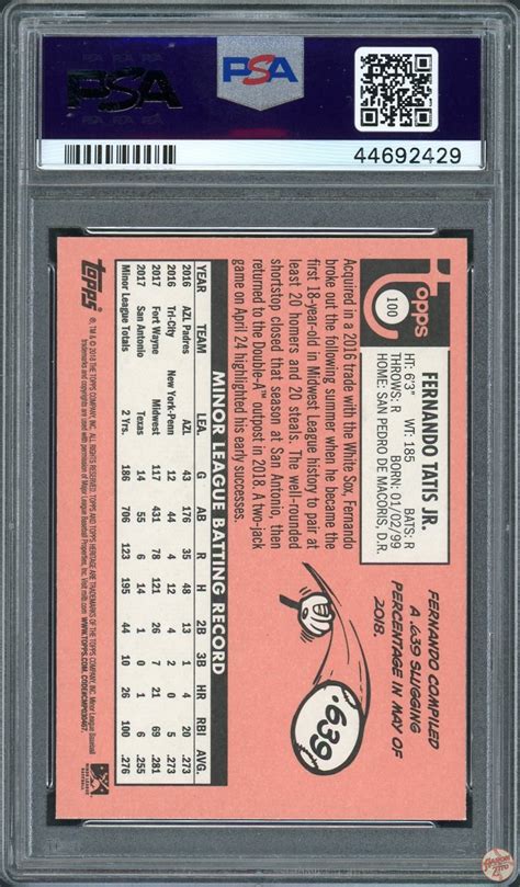 2018 Topps Heritage Fernando Tatis Jr Minor League 100 Psa 10 Pop