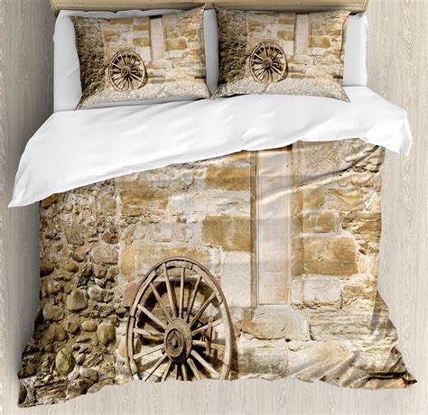 Barn Wood Wagon Wheel Duvet Cover Set Rural Facade With Old Wheel