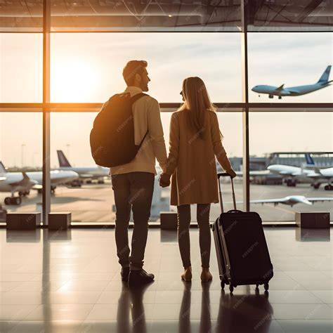 Premium Photo Traveling Couple With Luggage Standing Together In The Airport And Waiting The