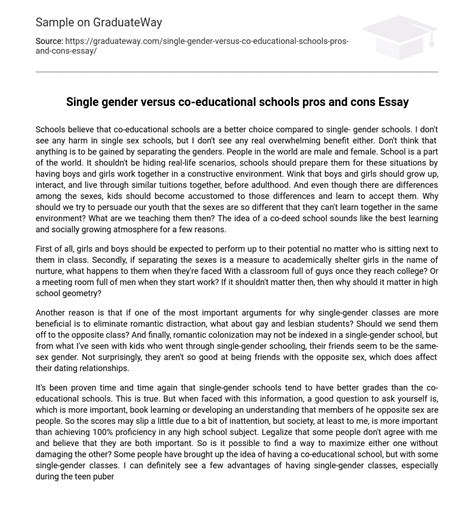 ⇉single Gender Versus Co Educational Schools Pros And Cons Essay Essay Example Graduateway