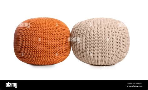 Different Stylish Poufs On White Background Home Design Stock Photo