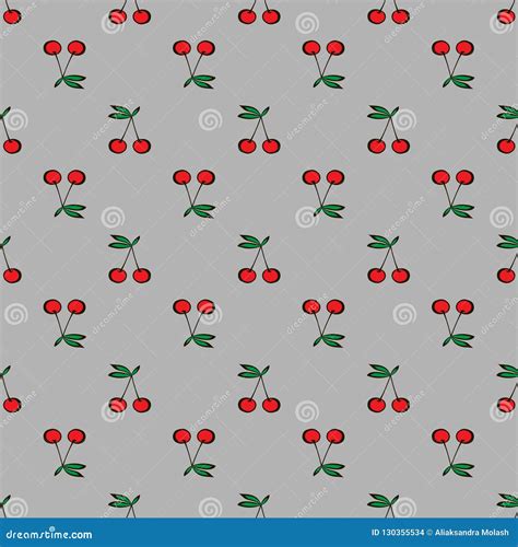 Pair Of Cherries Seamless Pattern Gray Background Stock Vector