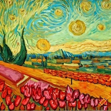 Field Of Tulips In The Style Of Van Gogh Painting On Craiyon