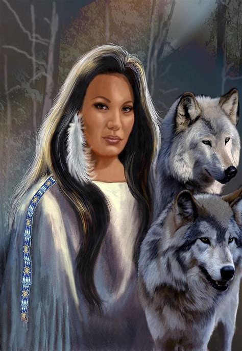 Fine Fantasy Art Women With Wolfs Painting Native American