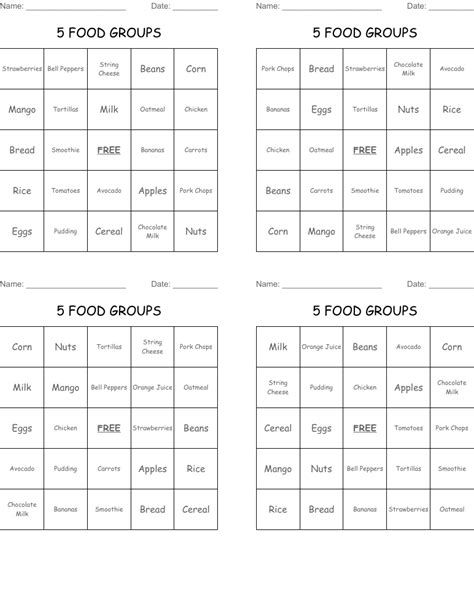 Food Groups Bingo Cards Wordmint