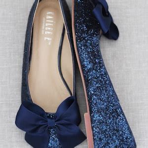 Navy Blue Rock Glitter Pointy Toe Flats With Oversized Satin Bow Fall