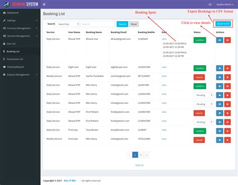 Admin Booking List Freelancing Domain Hosting Website App