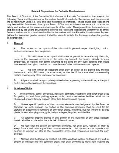 Rules And Regulations For Parkside Condominium