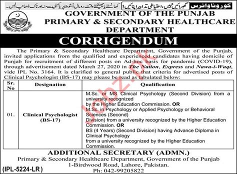 Primary And Secondary Healthcare Department Punjab Jobs 2020 2024 Job