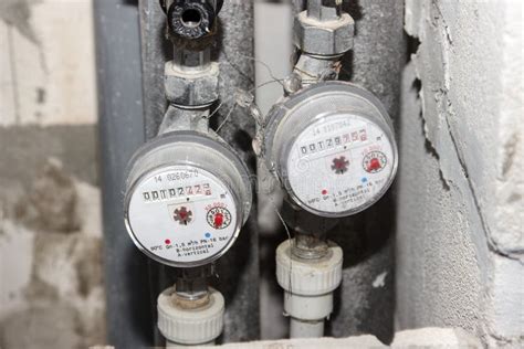 Installed Water Meters Hot And Cold Water Meters On Pipes Close Up Stock Image Image Of