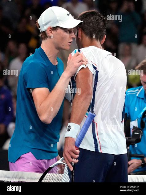 Jannik Sinner Left Of Italy Is Congratulated By Tomas Martin