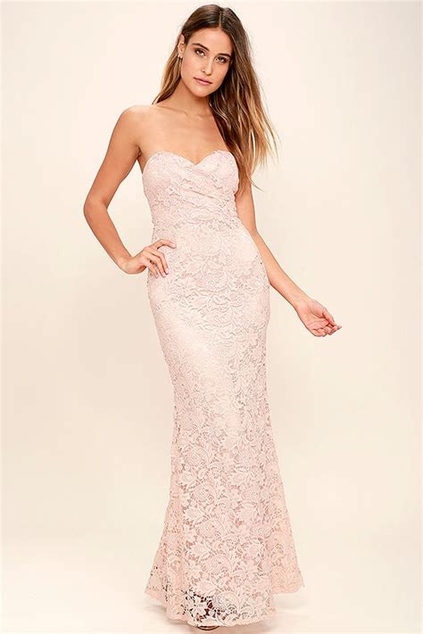 Blush Pink Lace Dress Strapless Dress Lace Maxi Dress Homecoming