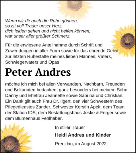 Traueranzeigen Von Peter Andres Trauer Nordkurier