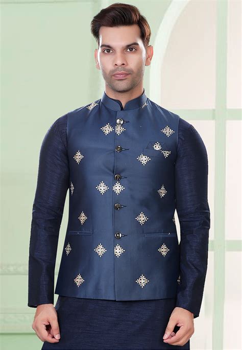 Embroidered Rayon Nehru Jacket In Navy Blue Mhg2429