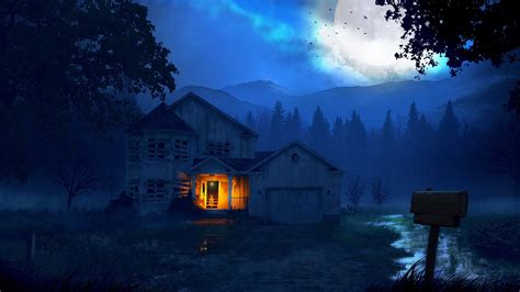 Abandoned Forest Illustration Blue Ghost House Digital Art Night