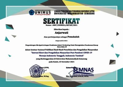 Sertifikat Pemakalah Seminar Nasional Unimus Anjarwati Pdf