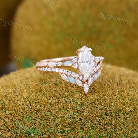 Vintage Marquise Cut Moissanite Engagement Ring Set Unique Etsy