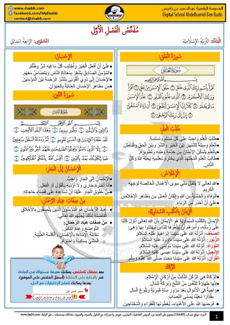 ملخص دروس الفصل الاول لمادة التربية الاسلامية السنة الرابعة ابتدائي