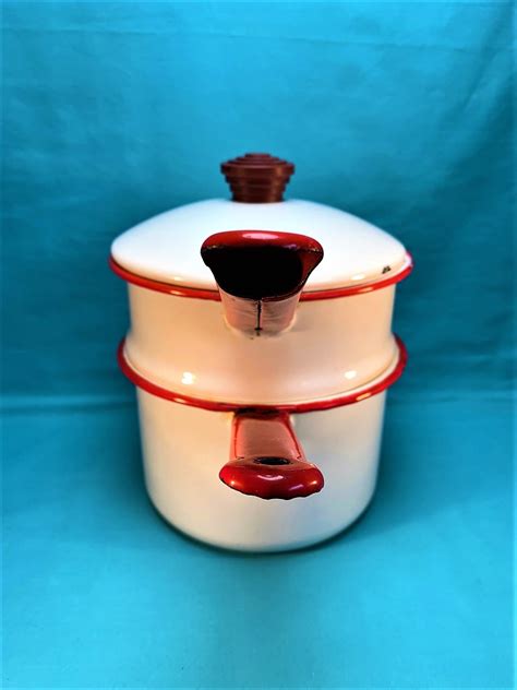 White And Red Enamelware Double Boiler With Bakelite Knob On Etsy