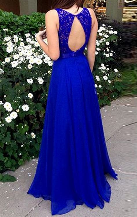 Macloth Straps O Neck Lace Chiffon Long Prom Dress Royal Blue Formal E