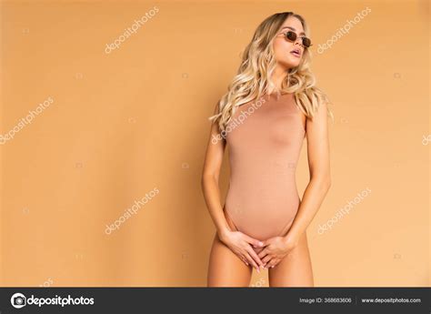 Sexy Blonde Model Perfect Skinny Body Huge Boobs Posing Beige Stock Photo Evgennish