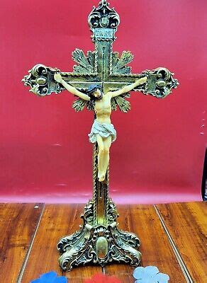 INRI Crucifix Table Stand Altar Piece Antique Finish Gold Accents 16 X