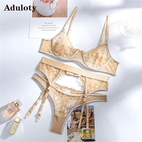 Aduloty Lace V Neck Garter E Set Panty Lingerie Er Tica Rede De Pesca Recolhidos Bra