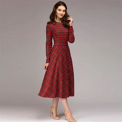 Red Plaid Long Sleeve Bow A Line Long Dress Women Vintage O Neck Slim Dresses Autumn Ladies