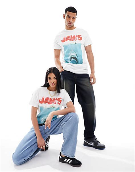 Asos Design Unisex T Shirt In Weiß Mit Lizenziertem „jaws