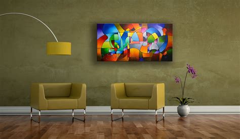 Synchronism, original abstract geometric acrylic landscape painting for sale by Sally Trace ...