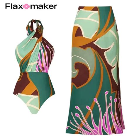 Flaxmaker Halter Printed One Piece Swimsuit And Skirt Summer Swimwear