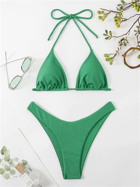 Shein Vcay Bikini De Micro Tri Ngulo Corte Alto Con Cuello Halter Y Costilla Para Playa En