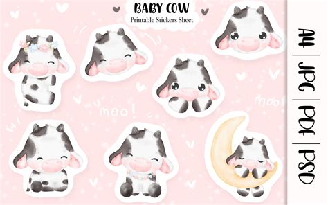 Cute Baby Cow Printable Sticker Sheet Graphic By Saltyarts Creative