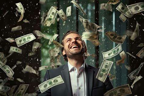 Businessman Under Rain With Dollar Bills Flying In The Air Success