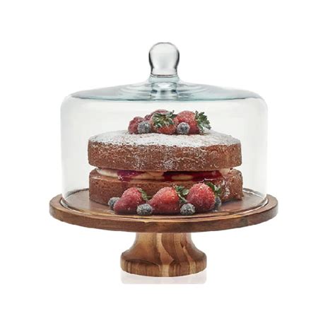 Acaciawood Footed Round Wood Server Cake Stand With Glass Dome Buy