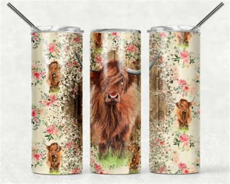 Highland Cow Tumbler Wrap PNG Floral Western Cowgirl Seamless Country