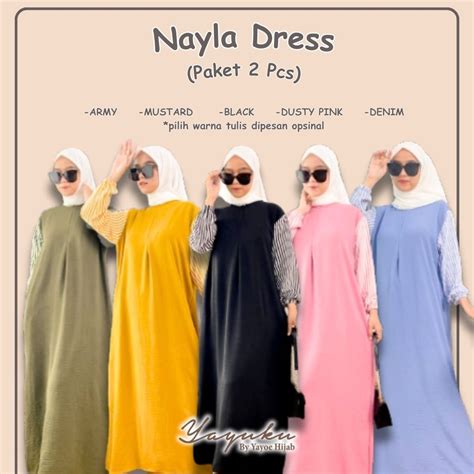 Jual Paket Pcs Nayla Dress Kombinasi Salur Polos Gamis Kekinian