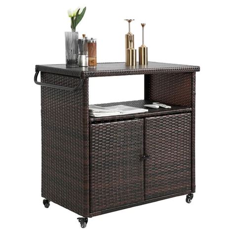 Light Brown Wicker Outdoor Bar Cart Patio Wine Serving Cart Rolling Rattan Bar Counter Table