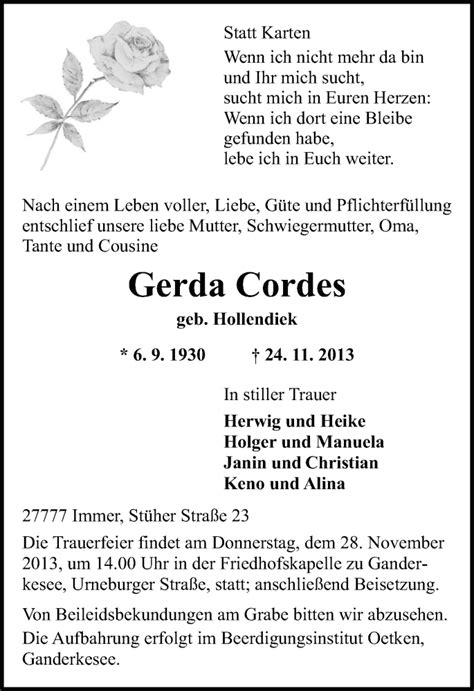 Traueranzeigen Von Gerda Cordes Nordwest Trauer De