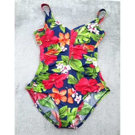 Vintage Swim Vtg 8s Maxine Of Hollywood Bright Multicolor Floral Shirred One Piece Swimsuit