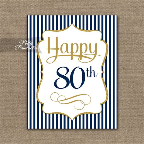 80th Birthday Sign Navy Blue Gold Nifty Printables