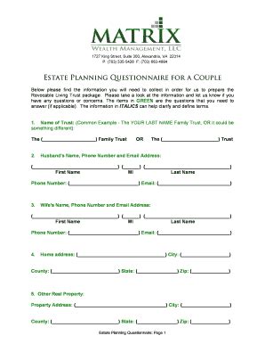 Fillable Online Estate Planning Questionnaire For A Couple Fax Email