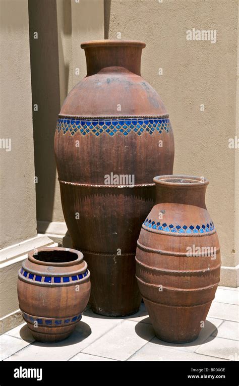 Three Clay Earthenware Middle Eastern Pots Dubai Uae Stock Photo Alamy