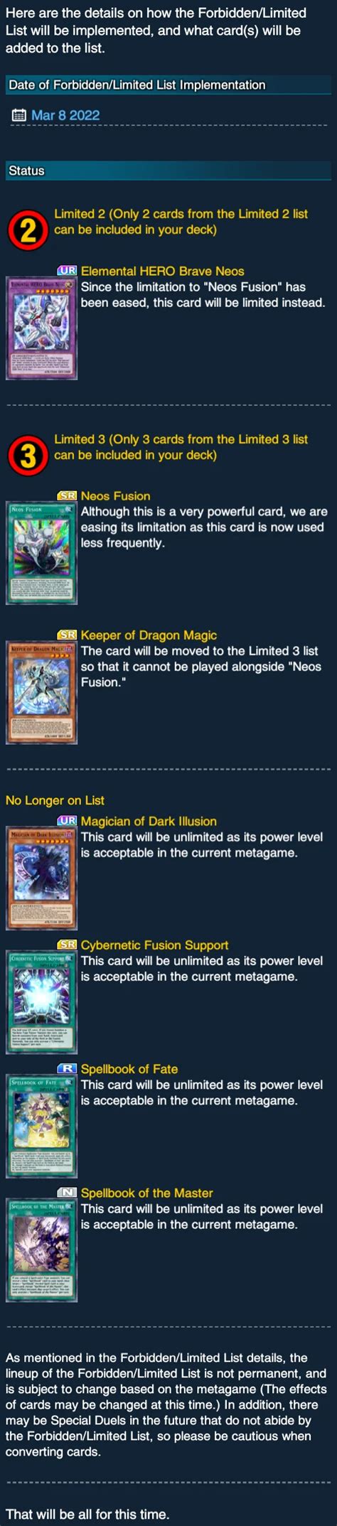 Forbidden Limited List Update Duel Links Meta