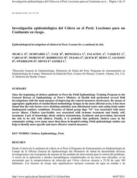 PDF Investigación epidemiológica del Cólera en el Perú de